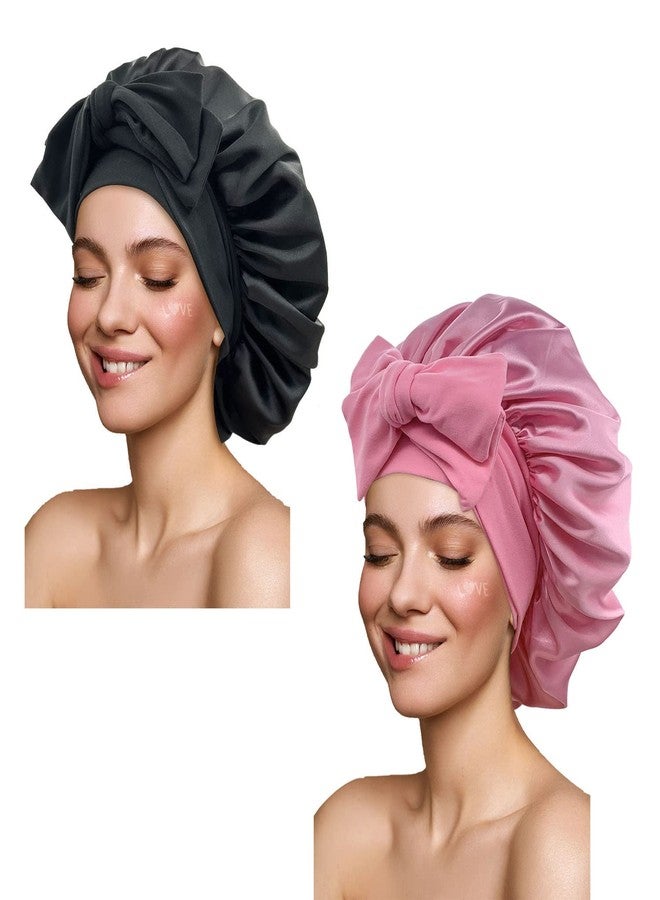 Gili Satin Silk Hair Bonnet for Sleeping Large Bonnets with Tie Band Wrap with Adjustable Straps Night Sleep Caps for Women Curly Braid Hair (Black,Dark Pink) - Image 1